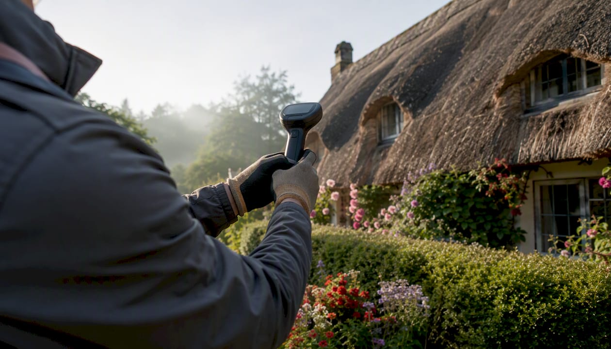 Installer measuring roof shading with tool
