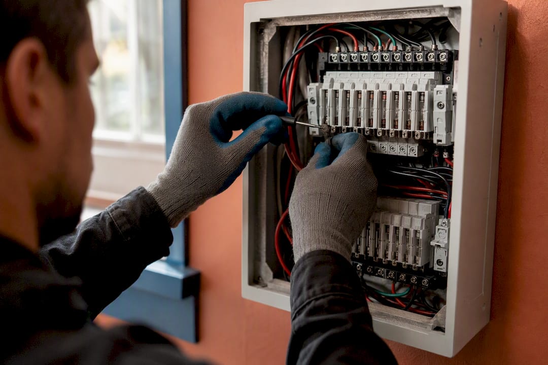 Electrician wiring fuses inside fuse box