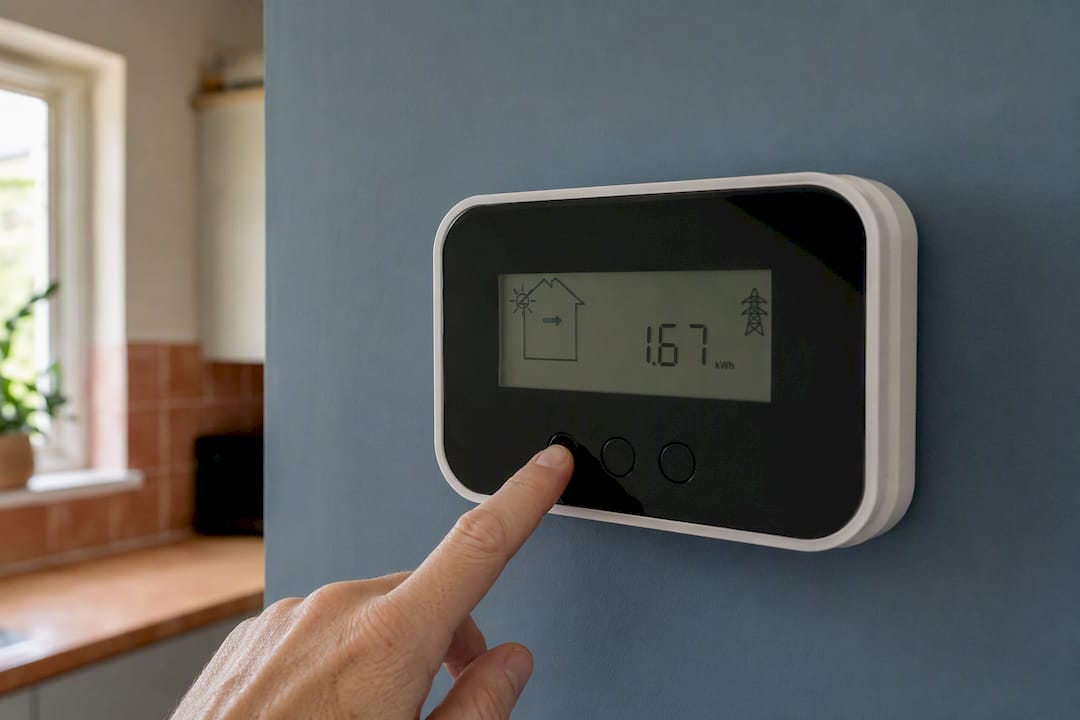 Close-up of solar export meter display reading