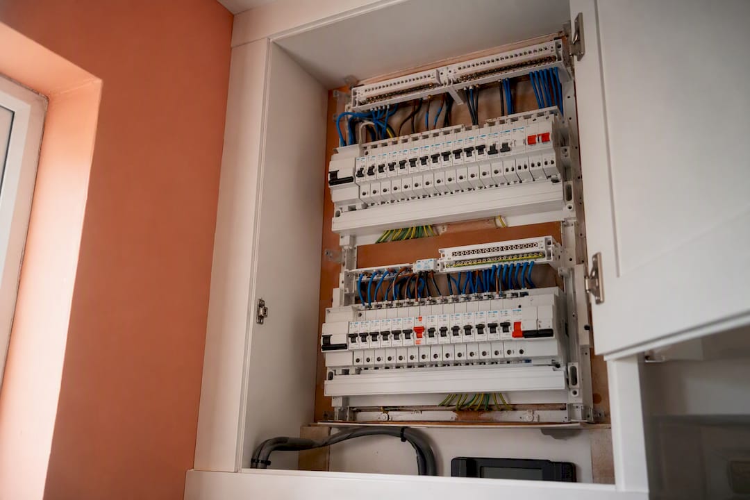 Close-up of UK home consumer unit wiring