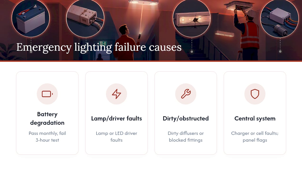Diagram showing causes of emergency lighting testing failures