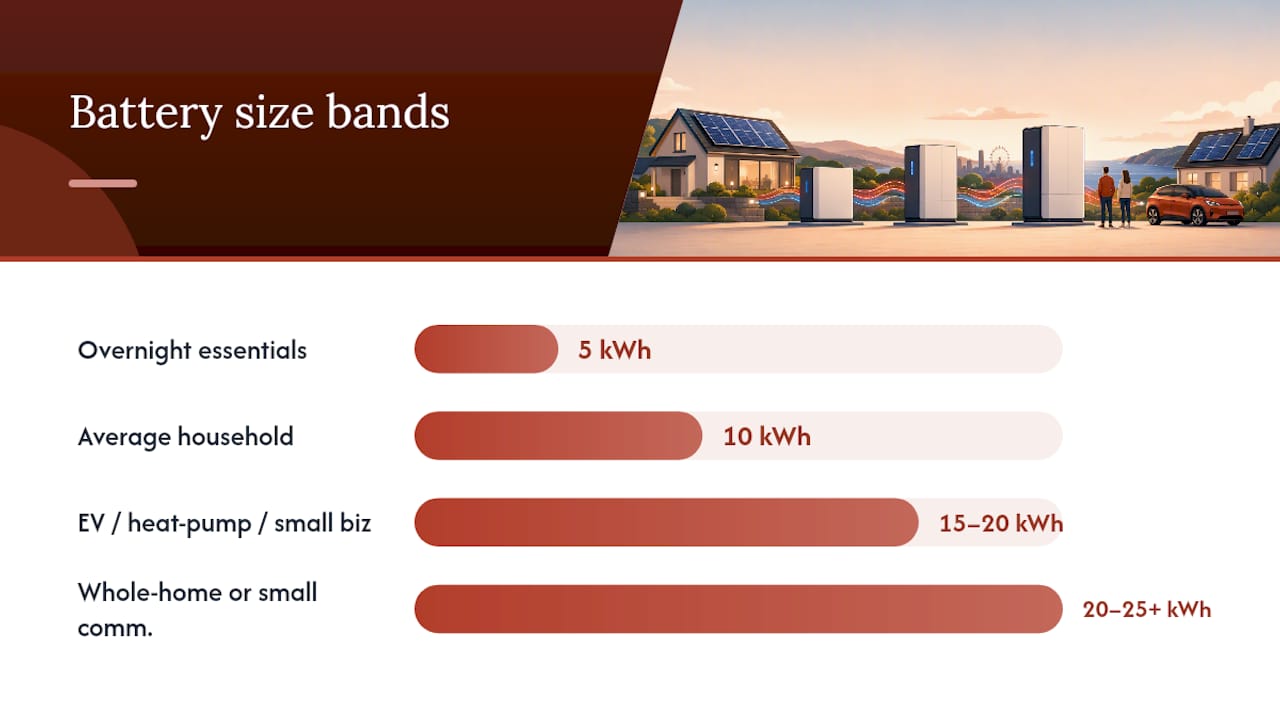 At-a-glance solar battery sizing for common scenarios — overview diagram
