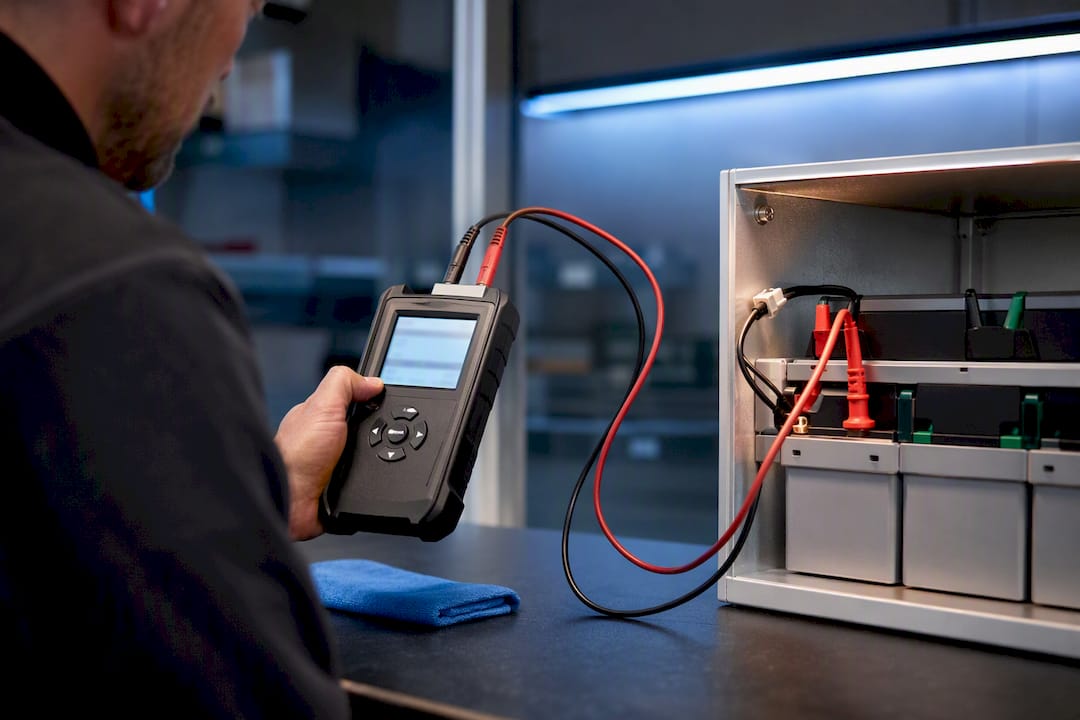 Technician conducting emergency light battery test