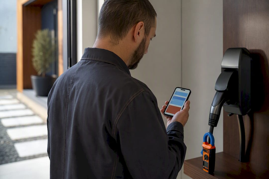 Electrician checking live EV charging current