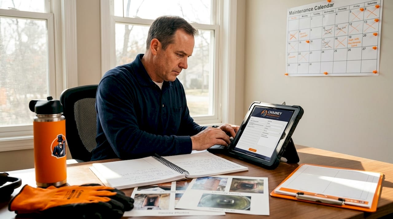 Inspector documenting chimney inspection with photos and tablet