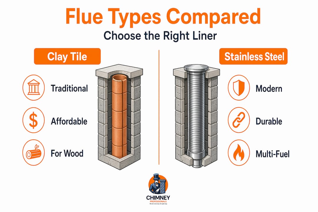Infographic comparing clay tile and stainless chimney flues