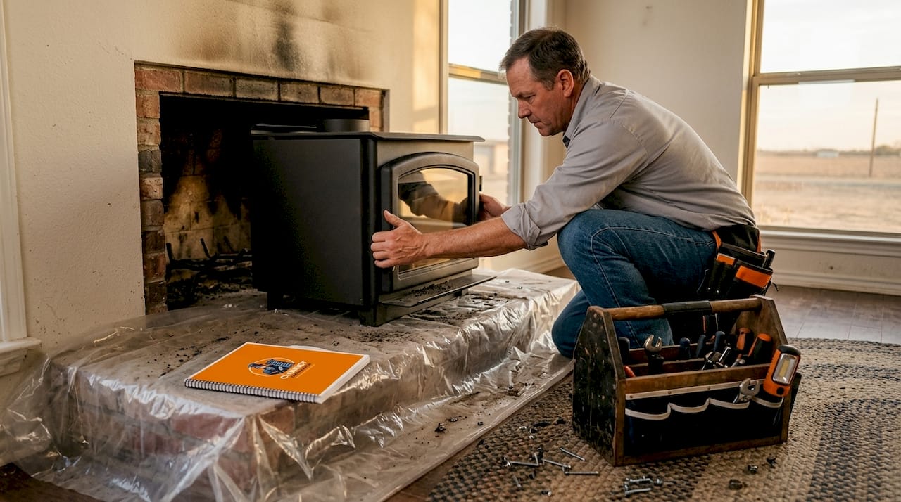 Technician installing wood fireplace insert