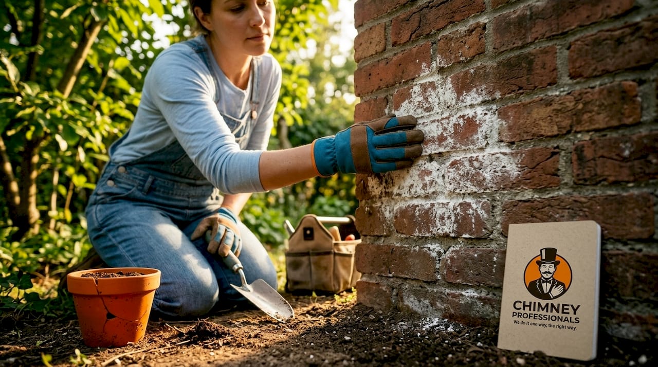 Homeowner inspects chimney for moisture damage