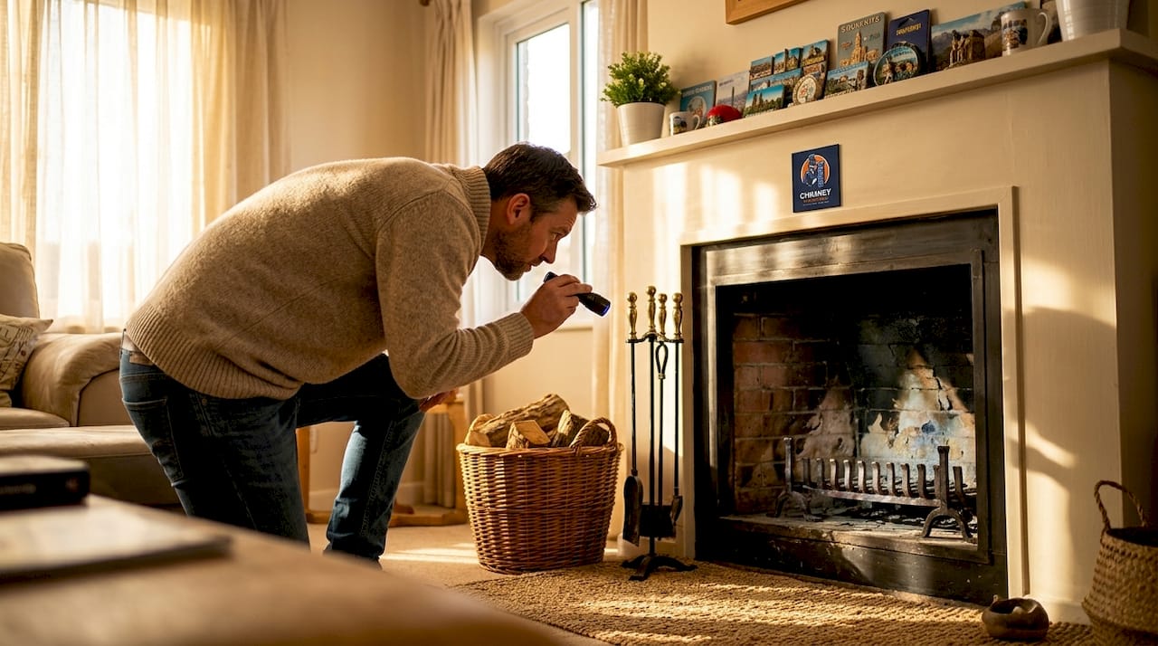 Homeowner inspecting fireplace for water damage