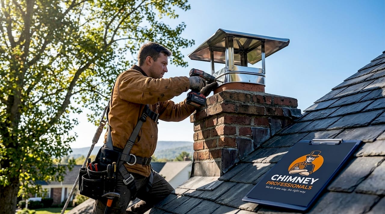 Technician installing chimney cap on roof