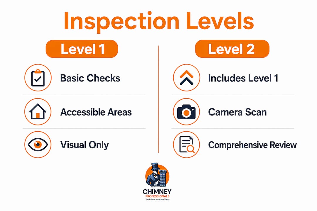 Infographic comparing Level 1 and Level 2 chimney inspections