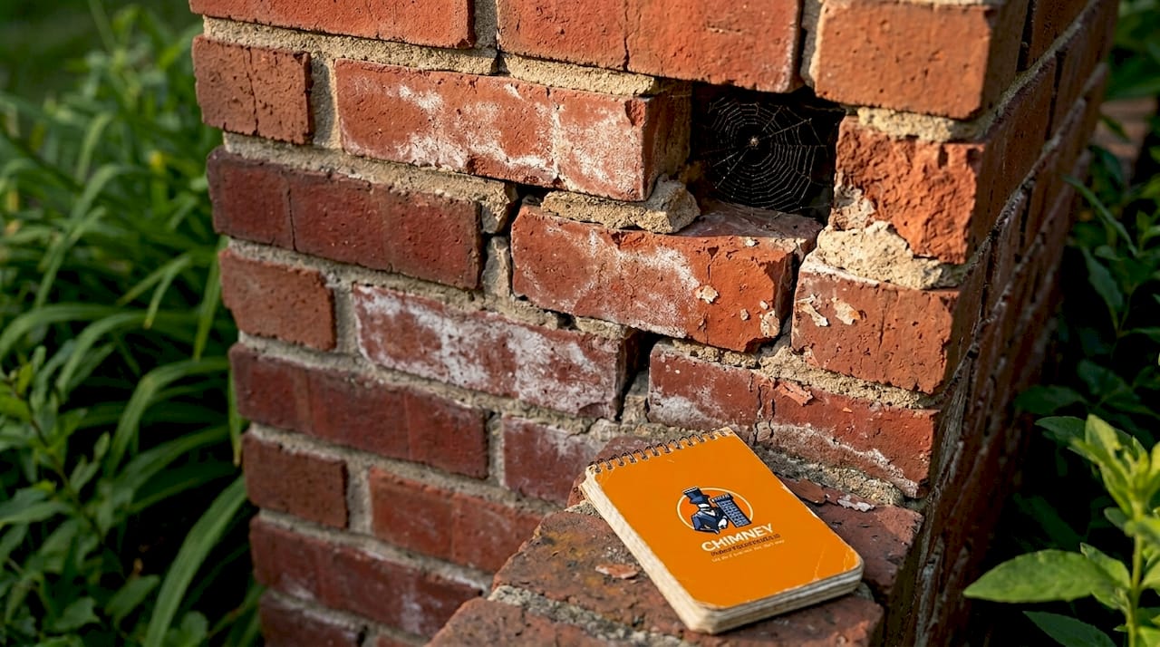Close-up of damaged chimney bricks and mortar joints