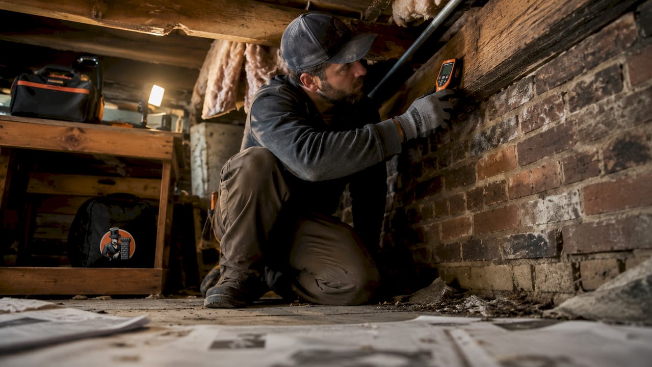 Technician measuring moisture in attic framing near chimney leak