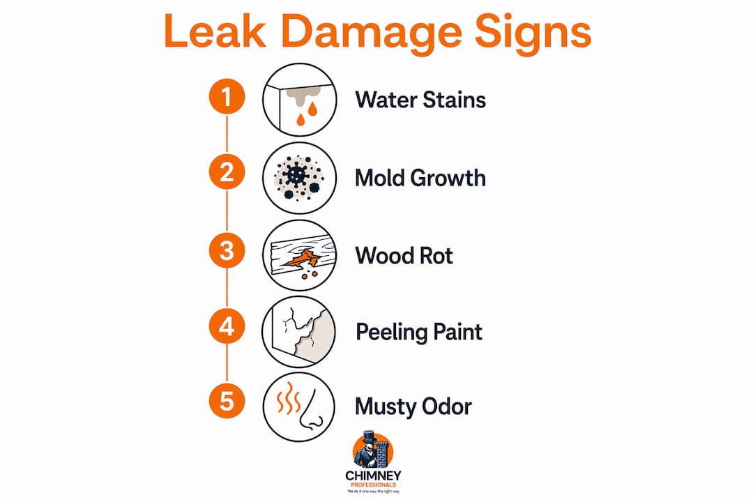 Infographic showing signs of chimney leak damage inside home