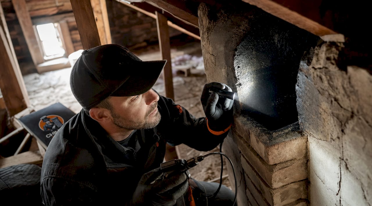 Chimney inspector inspecting chimney flue interior