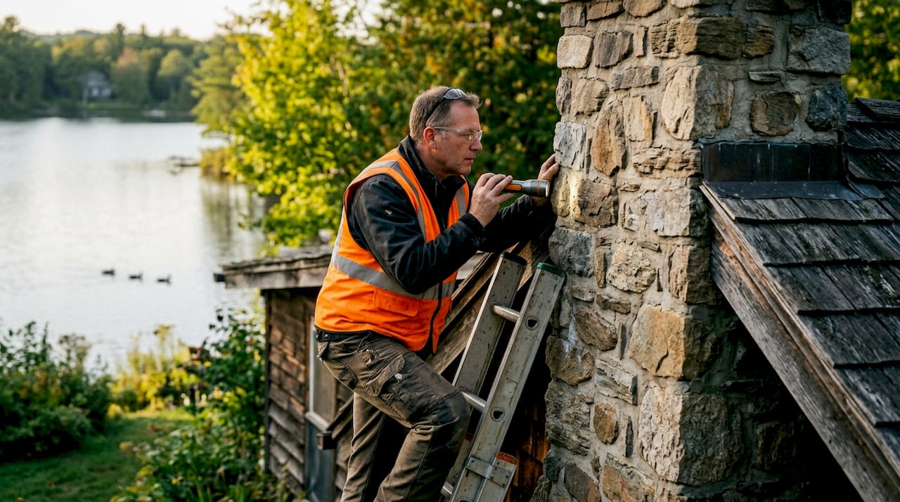 Chimney inspector examining brick chimney flue on roof