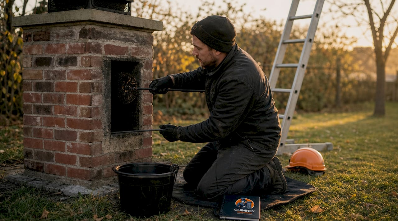 Close-up hands cleaning chimney flue with brush