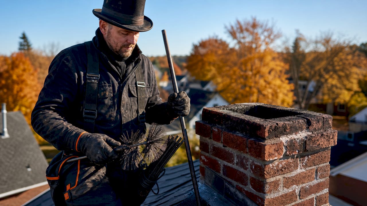 Chimney sweep handling cleaning tools outdoors
