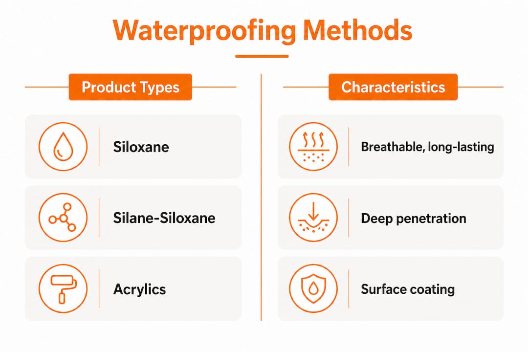 Infographic comparing chimney waterproofing product types and characteristics