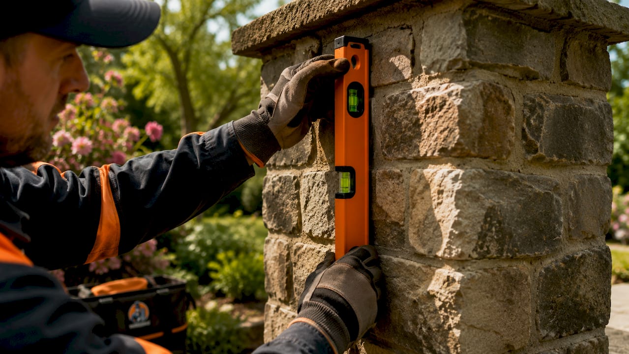 Inspector hands checking chimney alignment with level tool