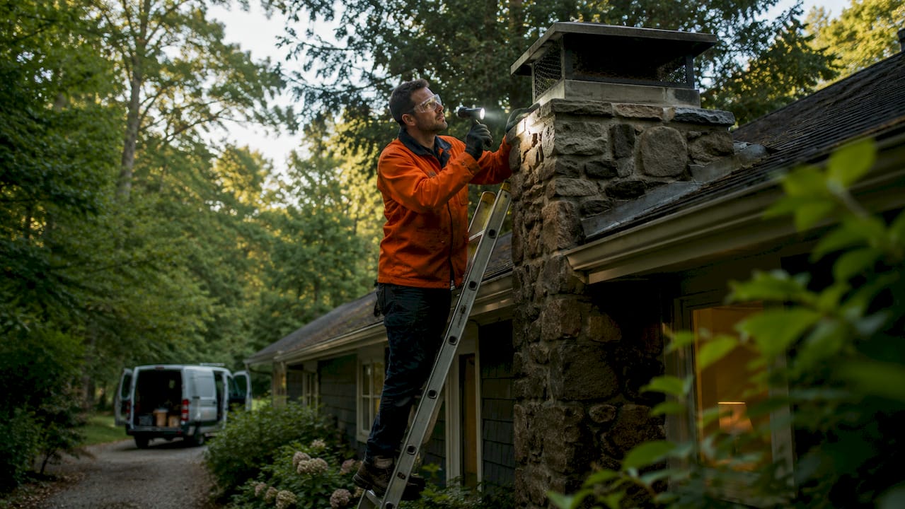 Chimney inspector checking exterior chimney on roof