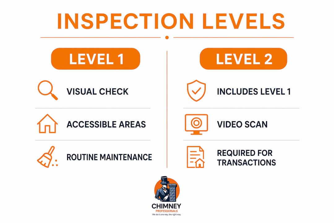 Infographic comparing Level 1 and Level 2 chimney inspections