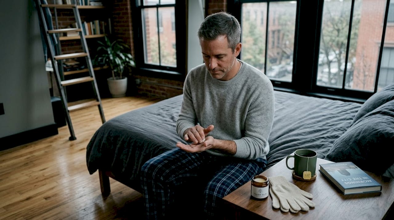 Man applying tallow balm to hands before sleep