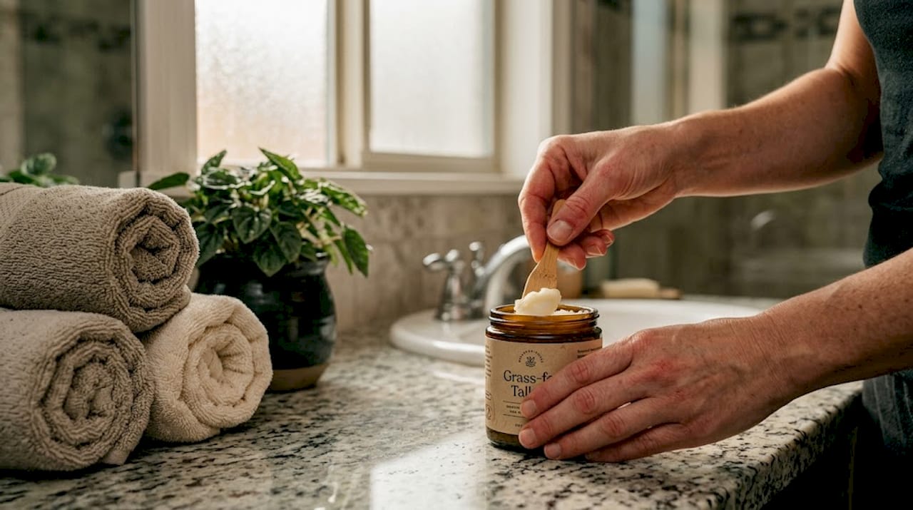 Hands scooping grass-fed tallow balm from jar