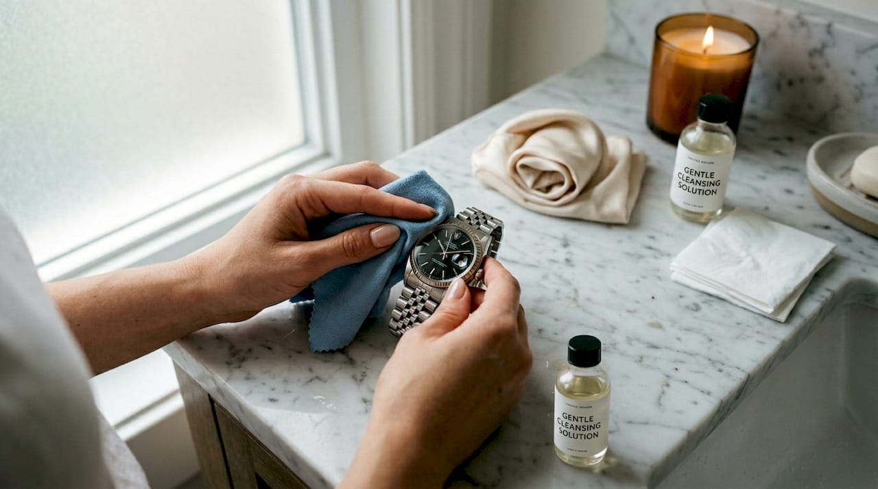 Hands cleaning watch with microfiber cloth on countertop