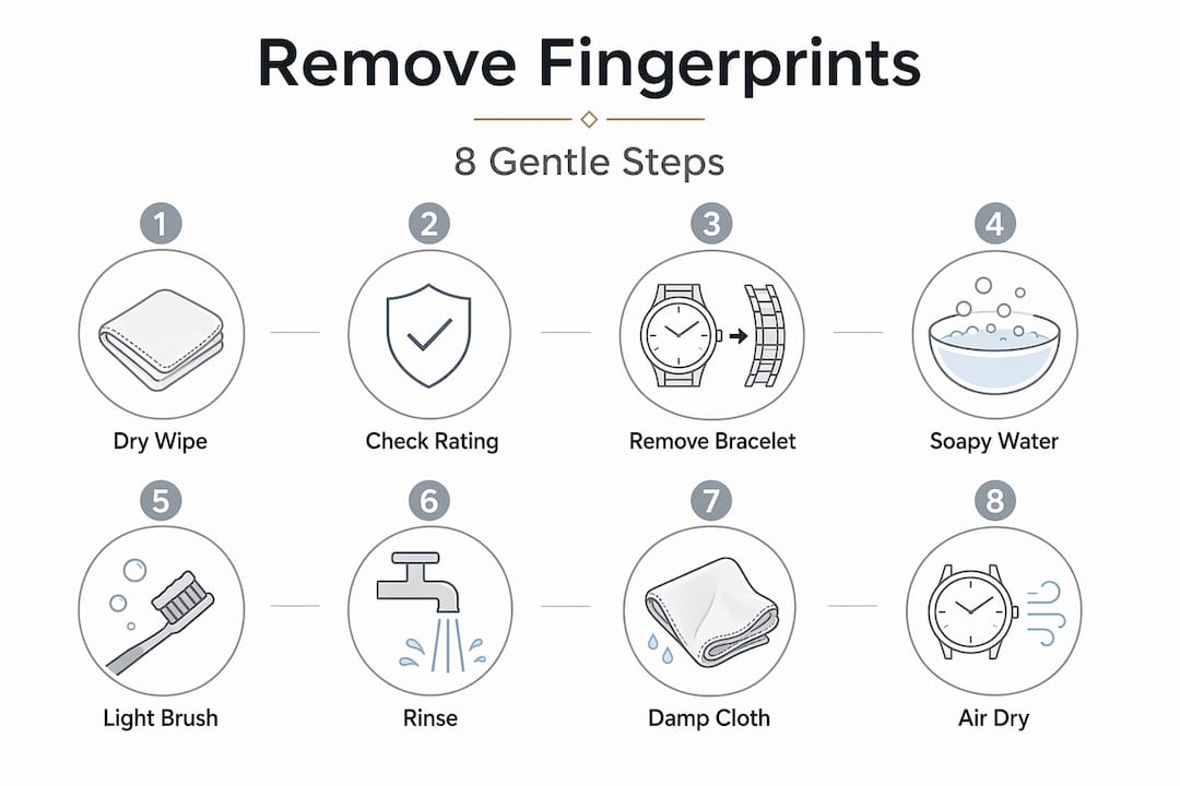 Infographic showing 8 safe watch cleaning steps