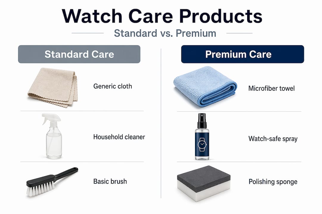 Infographic comparing standard and premium watch care products