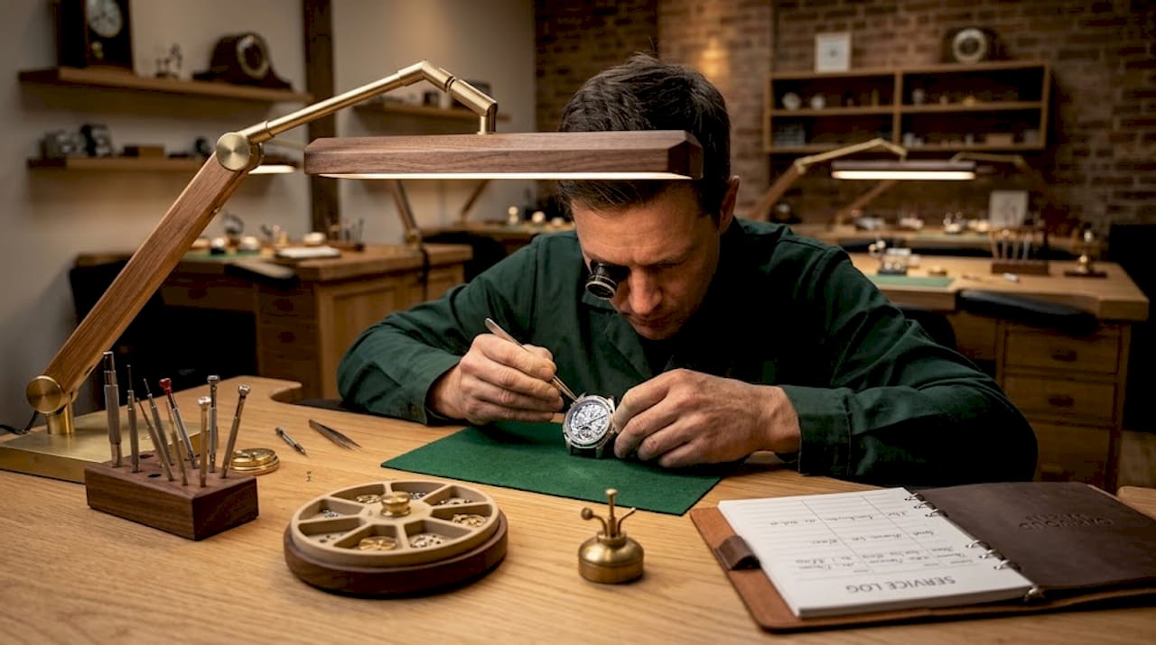 Watch technician inspecting luxury watch mechanism