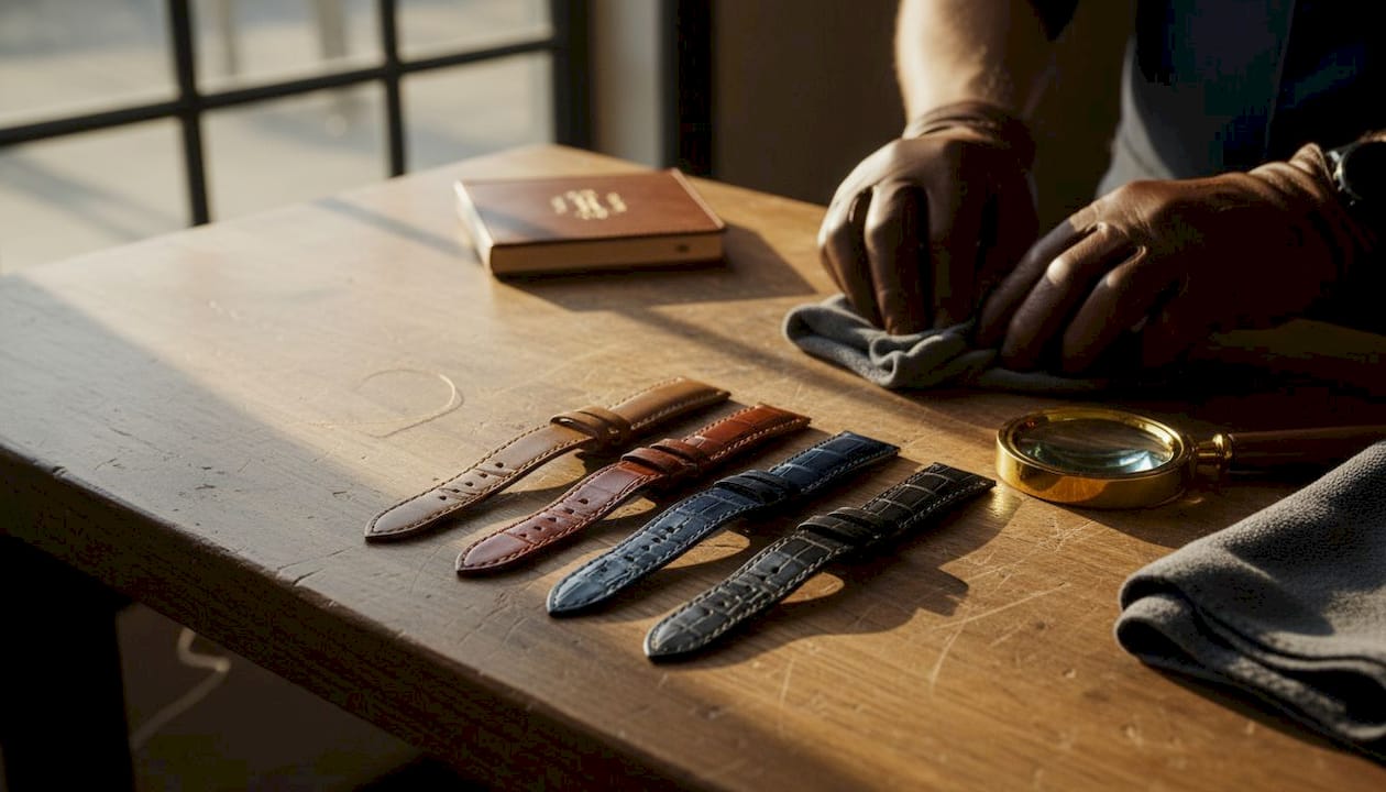 Variety of luxury leather watch straps on workbench