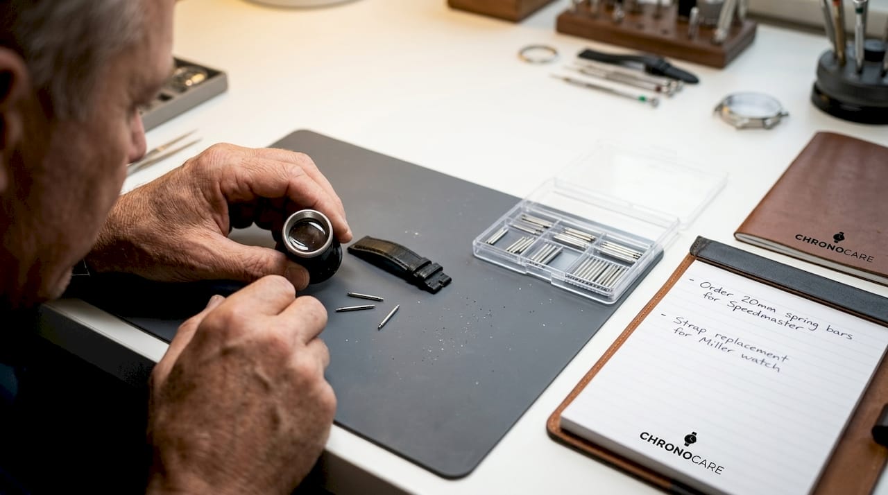 Hands inspecting watch hardware for wear