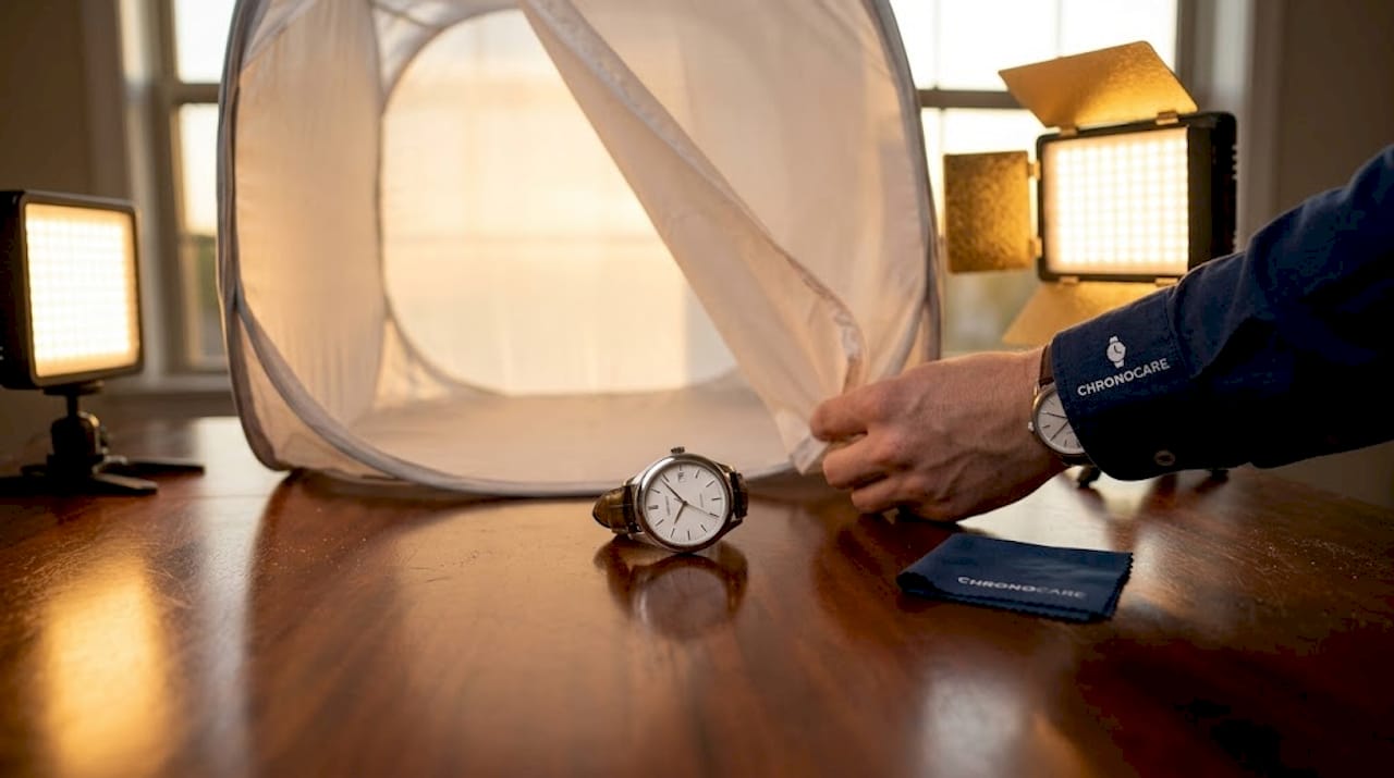 Watch inside diffusing tent with lighting setup
