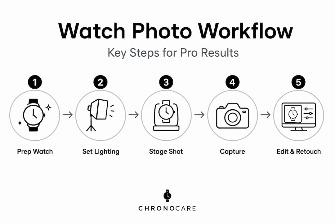 Infographic illustrating watch photoshoot workflow steps
