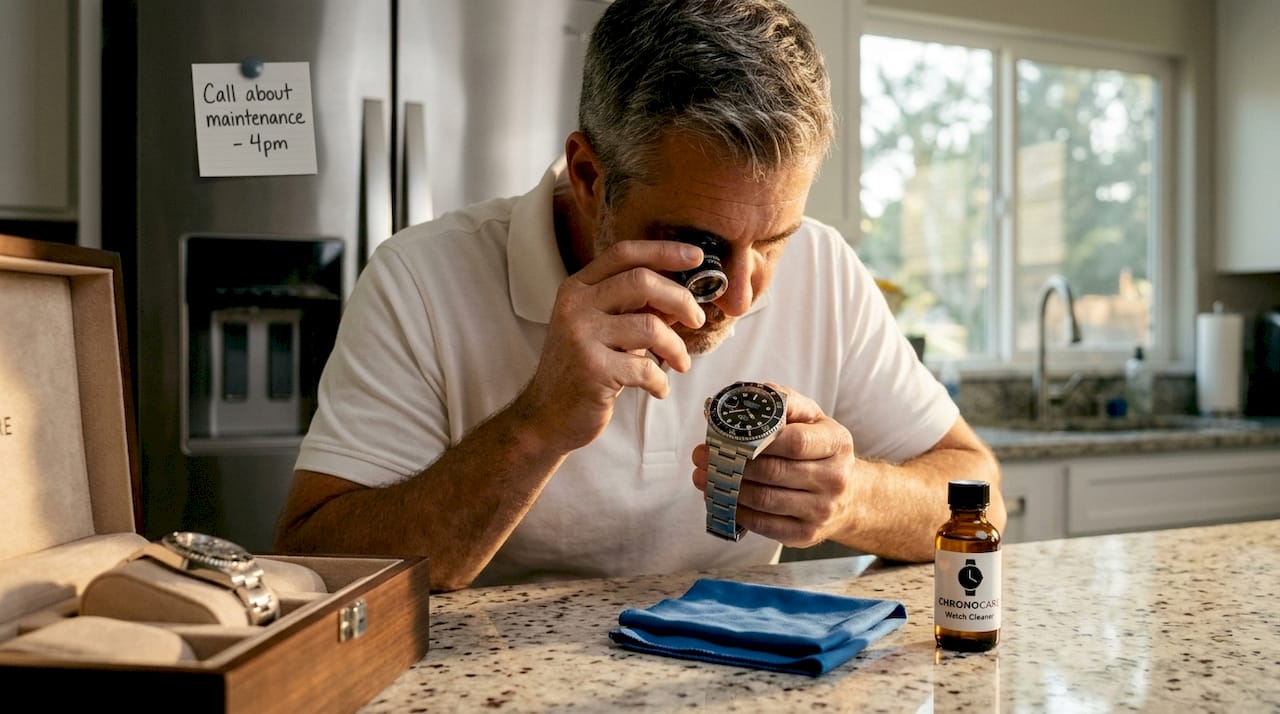 Examining ceramic bezel watch before cleaning