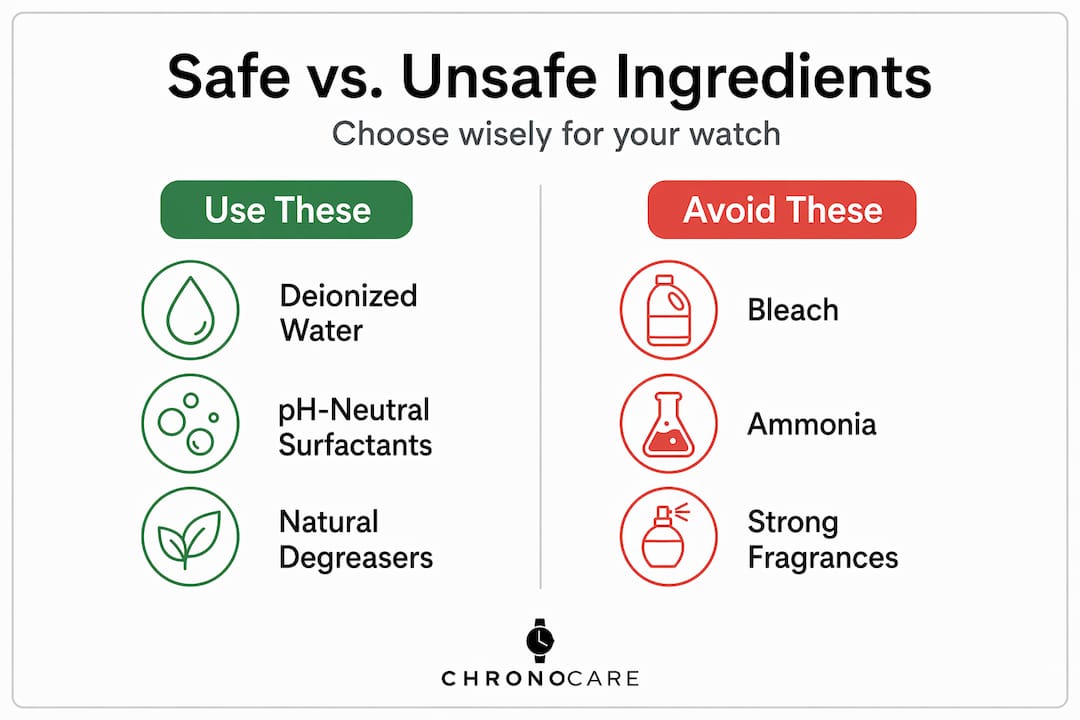 Infographic comparing safe and unsafe watch cleaning ingredients