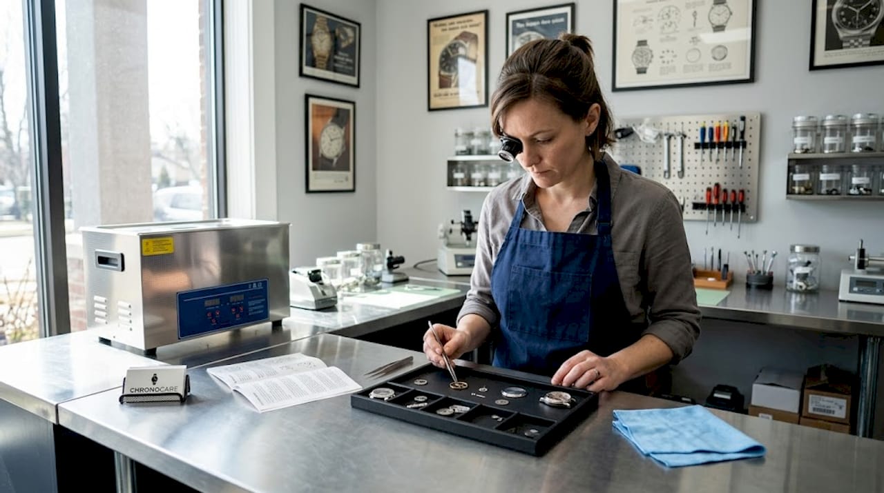 Employee preparing ultrasonic cleaning of watch parts