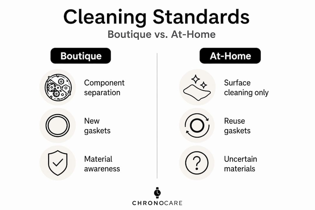 Infographic comparing boutique and at-home watch cleaning