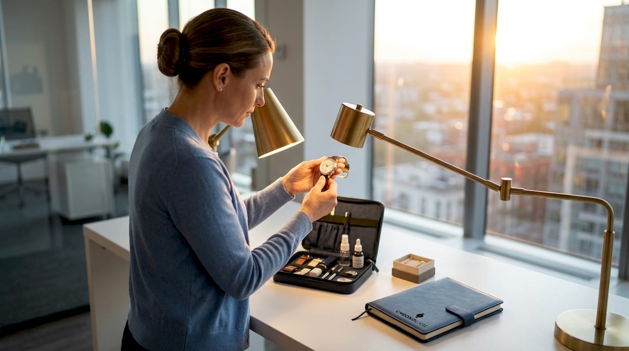 Woman checking polished watch under desk lamp