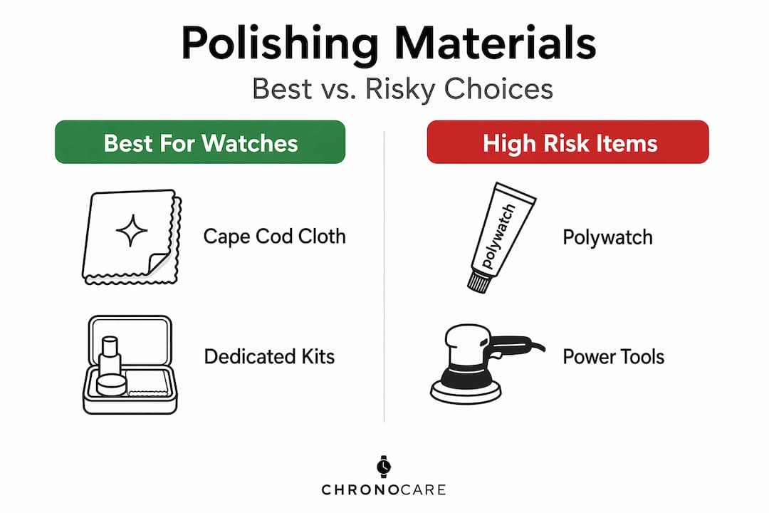 Infographic comparing safe and risky polishing materials for watches