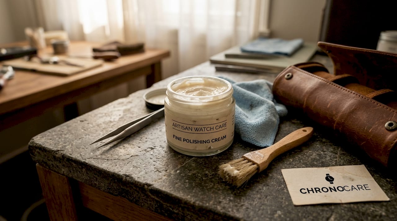 Close-up of polishing cream and tools