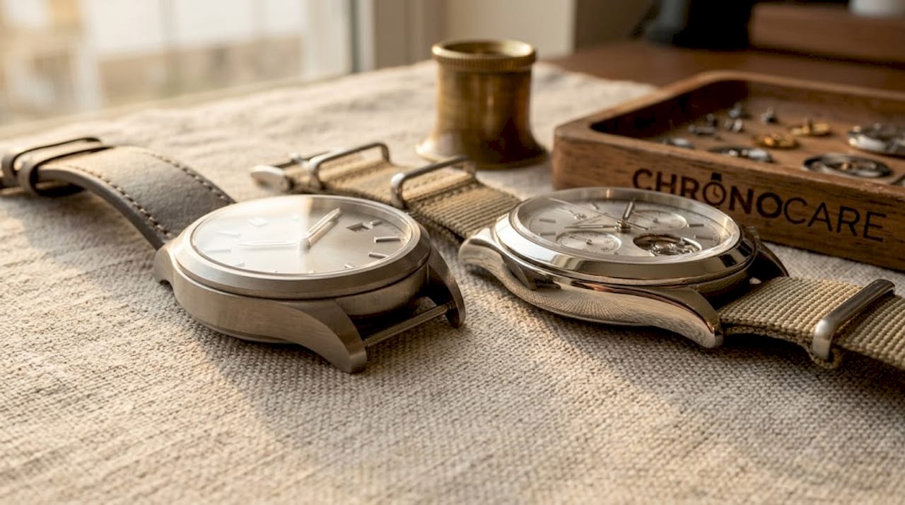 Close-up brushed and polished watch finishes
