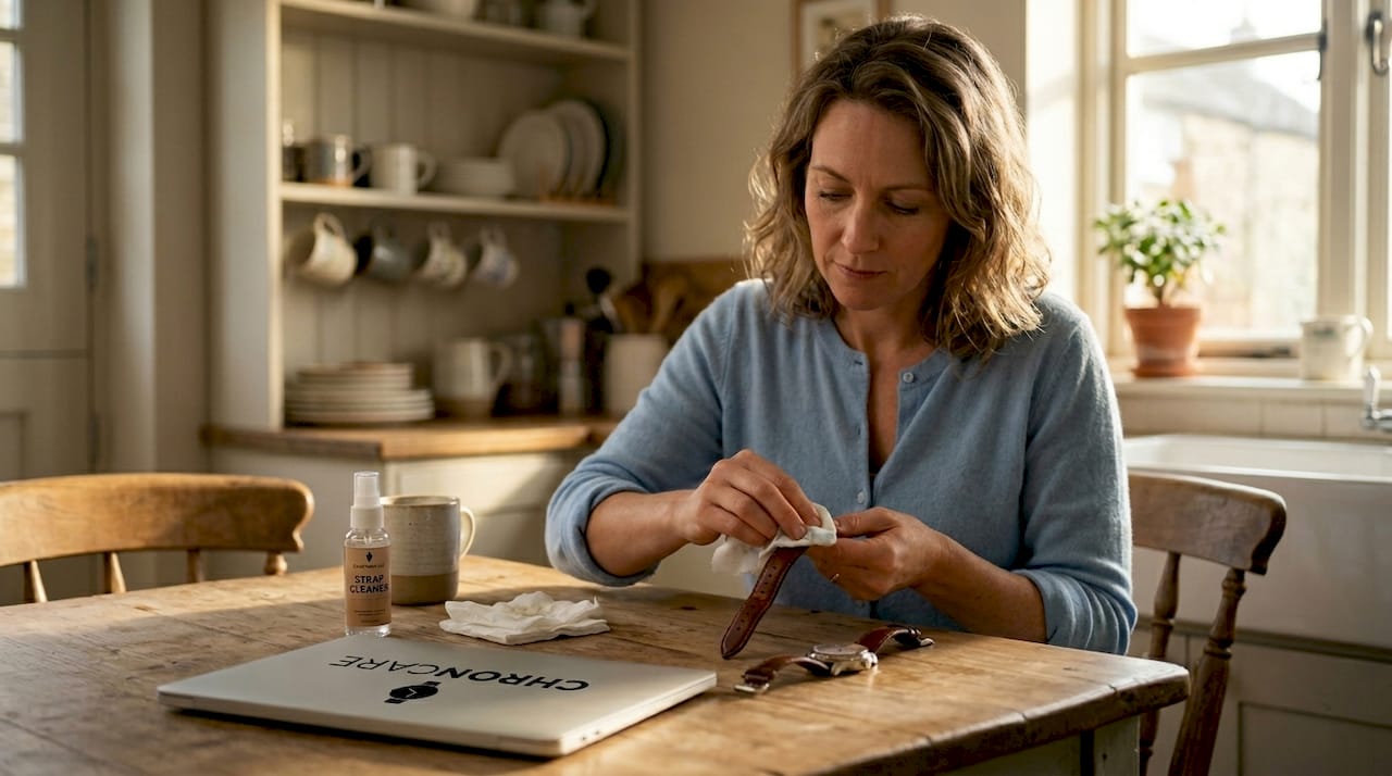 Woman cleaning underside of leather watch strap