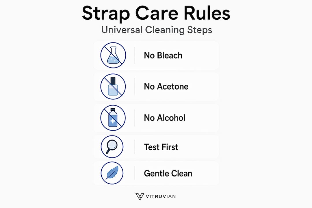 Infographic with universal watch strap cleaning rules
