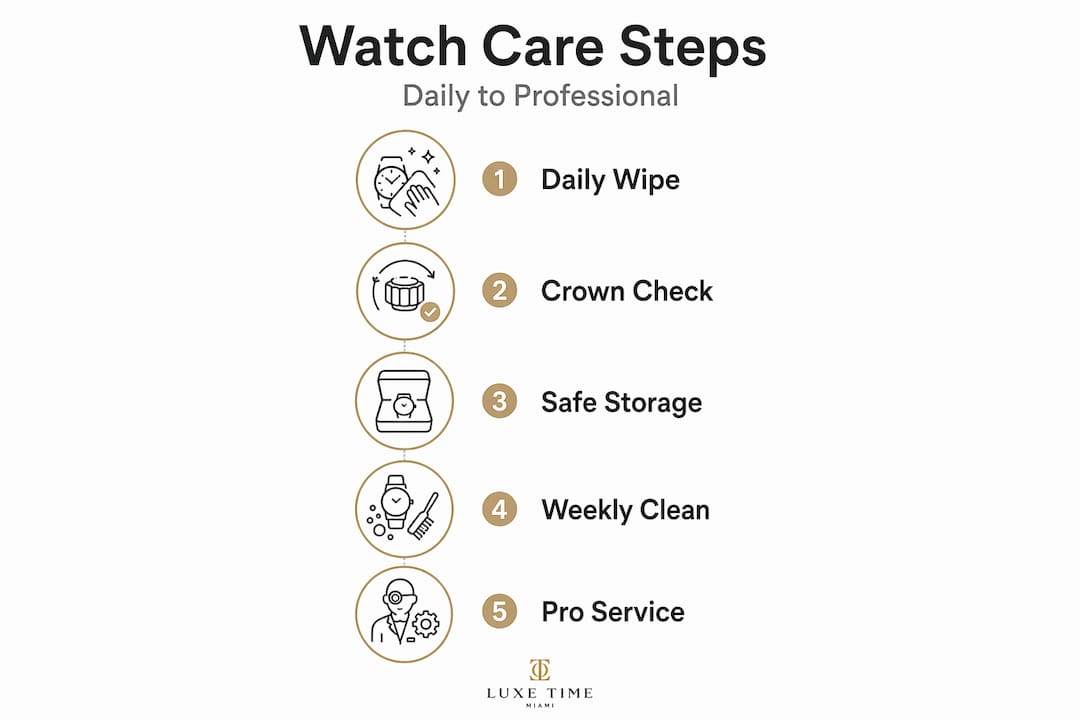 Infographic outlining watch care routine steps