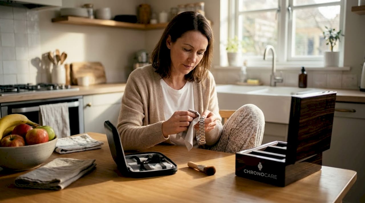 Woman cleaning watch bracelet at home
