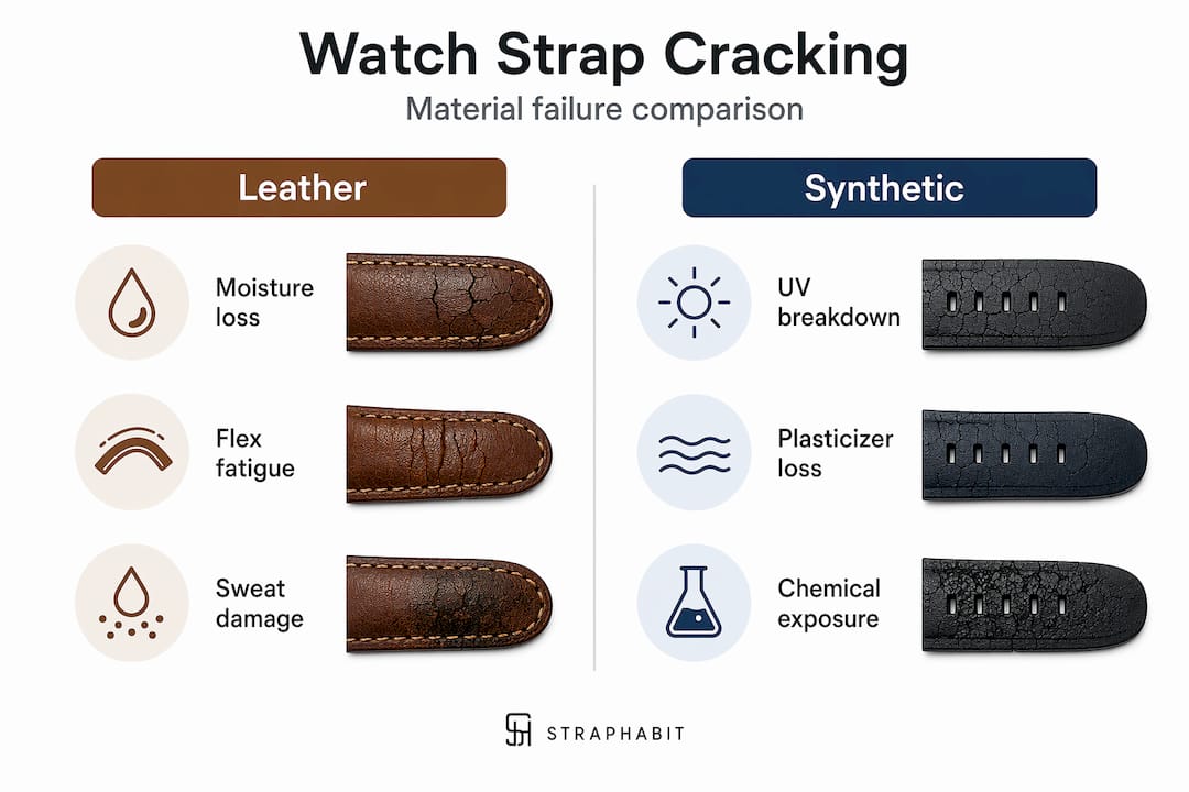 Infographic comparing watch strap material failure modes