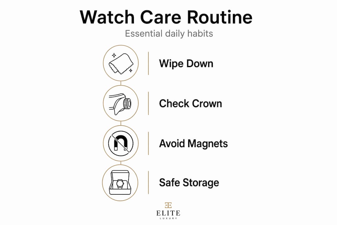 Infographic showing daily luxury watch care steps